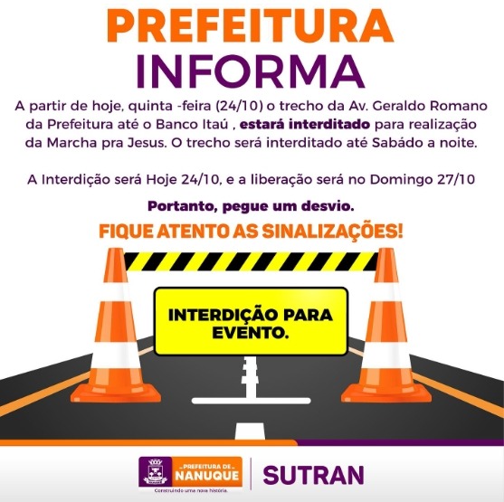  PREFEITURA INFORMA INTERDIÇÃO DA AV. GERALDO ROMANO